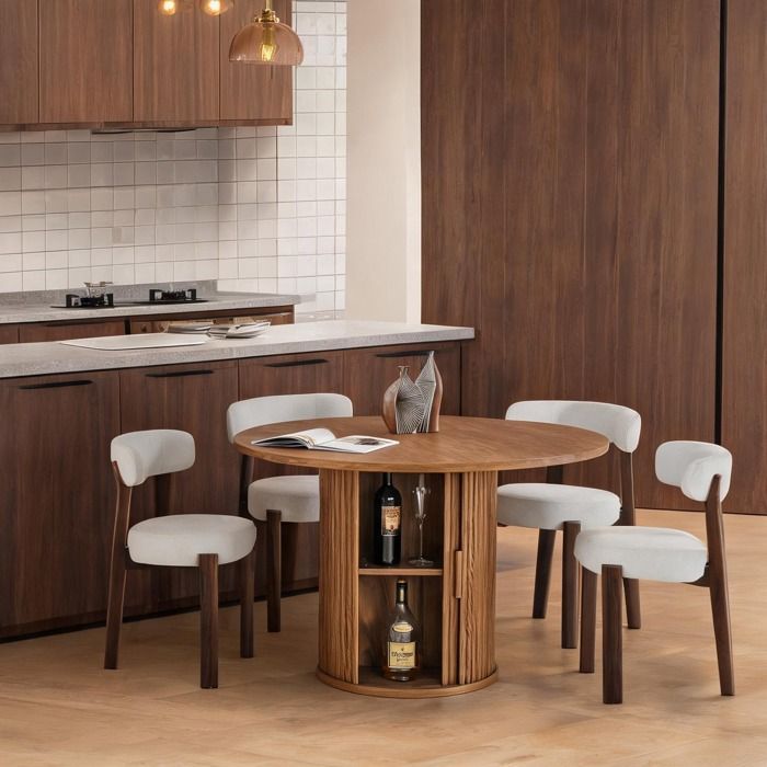 Table à manger ronde 120 cm en bois synthétique classic brown deux rangements coulissants style campagne pour cuisine ou salle à