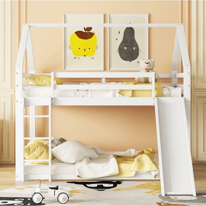 Lit superposé enfant cabane - Blanc - avec toboggan et échelle - 2 couchages 140 x 200 cm