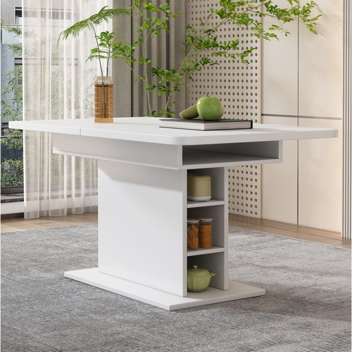 ROVRYN Set table à manger extensible avec rangement et 6 chaises en velours rectangulaire blanc et beige