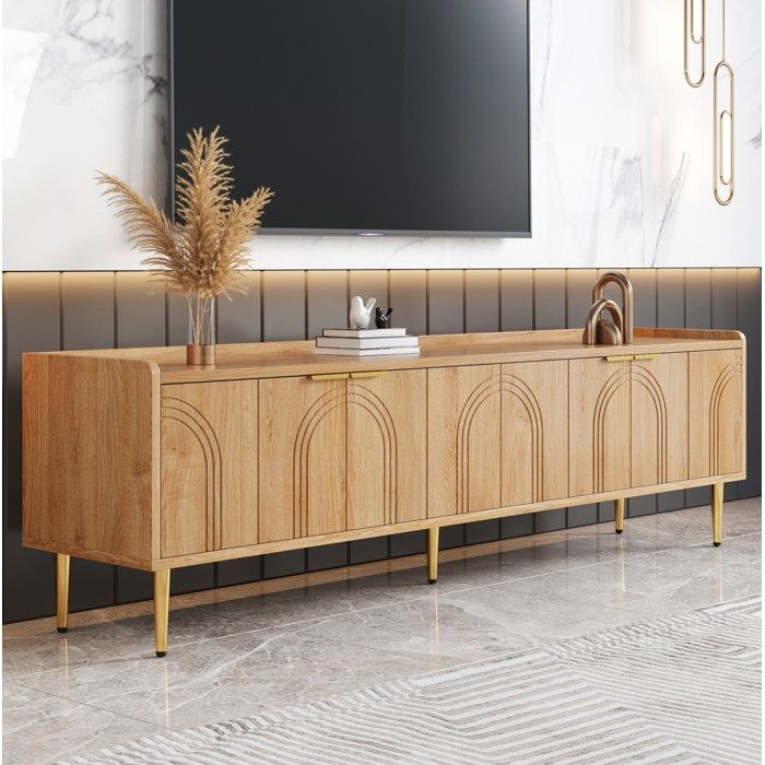 WUVRIE Meuble TV 170 cm en MDF aspect bois naturel 4 portes poignées dorées passe-câbles