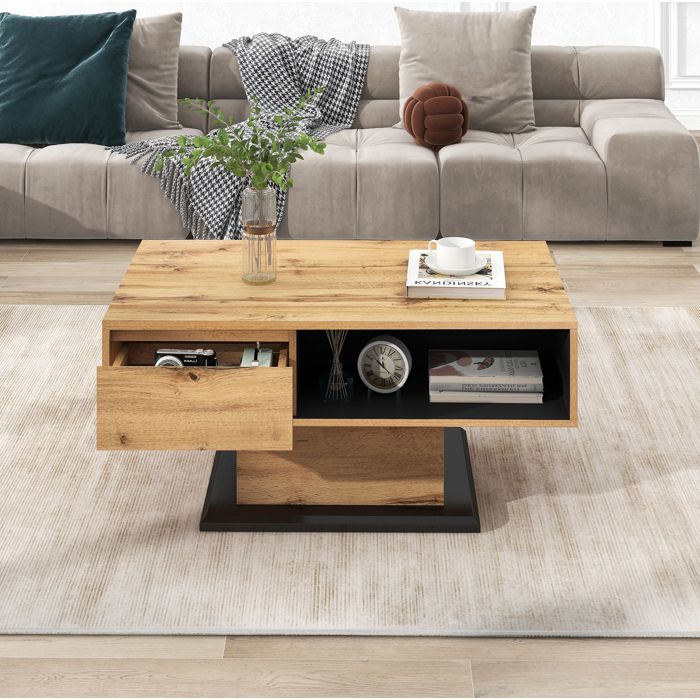 WUVRIE Table basse 100 x 60 x 47 cm aspect chêne et anthracite avec 1 tiroir niche ouverte et rangement double face