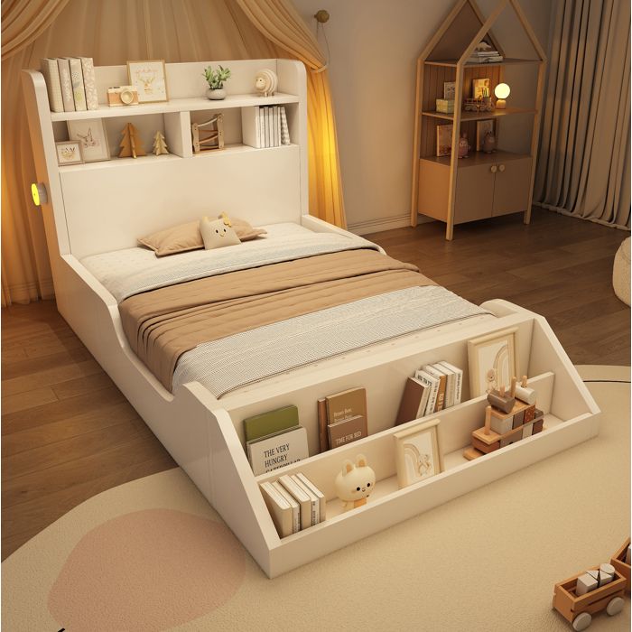 Lit simple enfant 90x200 cm en bois blanc avec étagères bibliothèque amovible veilleuses et sommier