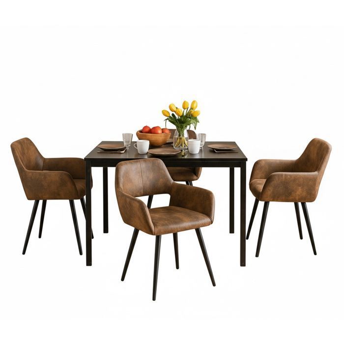 MEUBLES COSY Ensemble table à manger extensible noire avec 4 fauteuils en suédine style scandinave