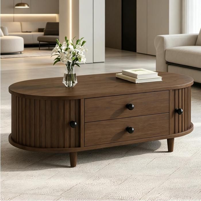 WOVREO Table basse ovale 100 x 50 x 36 cm avec 2 tiroirs et portes tambour MDF coloris noyer