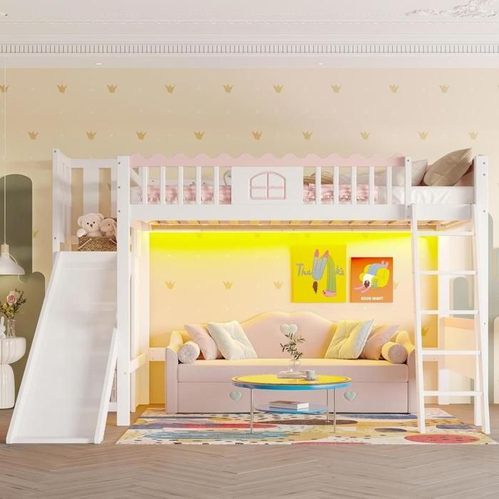 Lit mezzanine enfant - KOMHTOM - Mezzanine 90x200 - LED intégrée - Toboggan - 3 étagères
