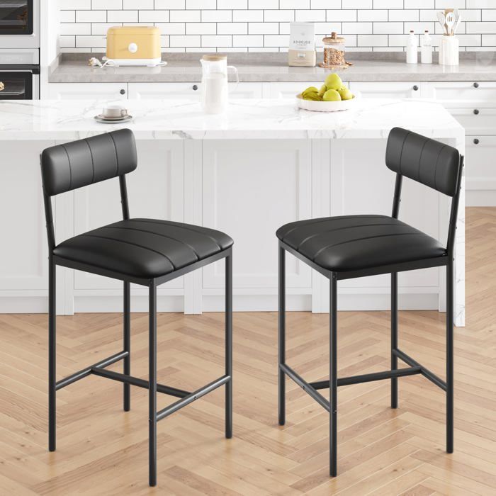 Lot 2 tabourets bar noirs 25 5po PU dossier repose-pieds hauteur comptoir moderne îlot cuisine salle à manger appartement
