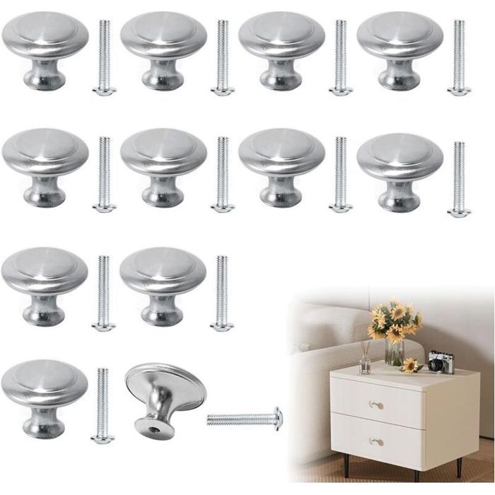 Lot de 12 boutons de tiroir ronds en acier inoxydable pour armoires cuisine meubles