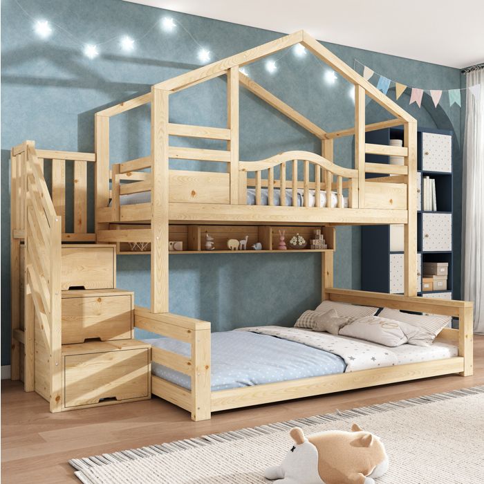Lit Superpose Enfant Cabane avec Escalier de Rangement et 3 Etagères - TCQPZ - Bois Naturel Beige 254 × 145 × 206 cm