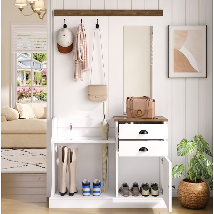 WOVREO meuble d’entrée avec miroir 2 tiroirs 1 porte porte-parapluies et rangement chaussures blanc et bois