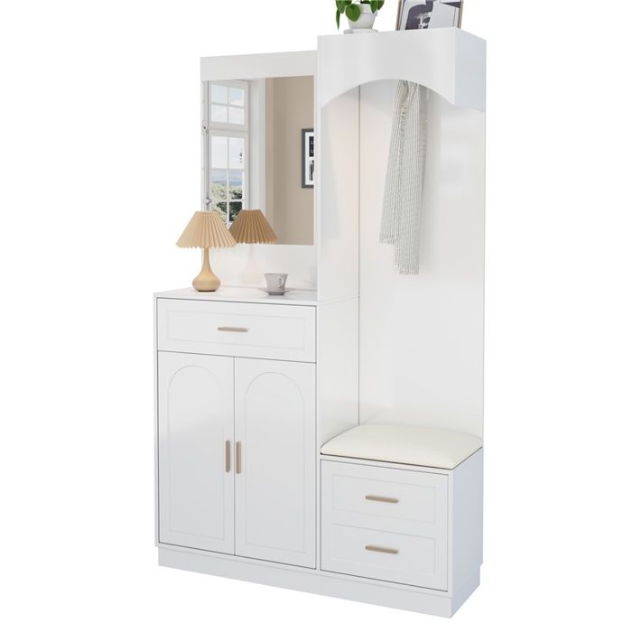 Armoire dentrée multifonctionnelle : placard + étagère à chaussures + miroir intégré design contemporain et gain de place Armoire dentrée multifonctionnelle : placard + étagère à chaussures + miroir intégré design contemporain et gain de place
