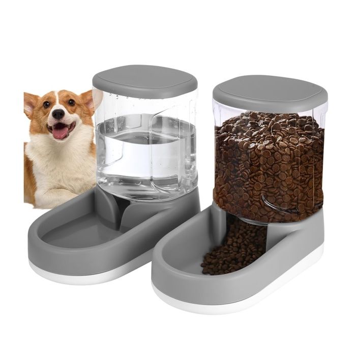 Distributeur Automatique Croquettes et Eau pour Chat Chien 3.8L Gris - Lot de 2 Nourrisseur et Abreuvoir