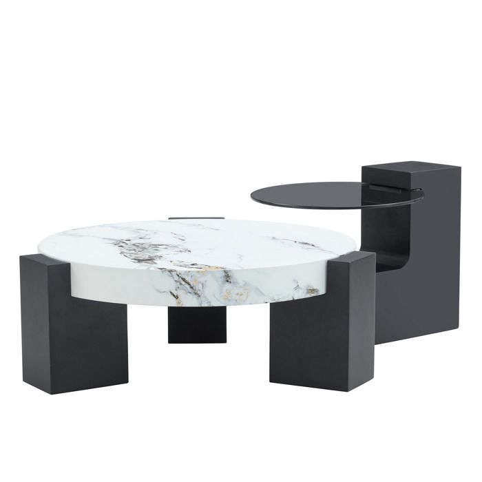 Set de tables basses - FURNITURER - Ø61/Ø44 cm - Plateau effet pierre & verre - Noir - Structure bois Set de tables basses - FURNITURER - Ø61/Ø44 cm - Plateau effet pierre & verre - Noir - Structure bois