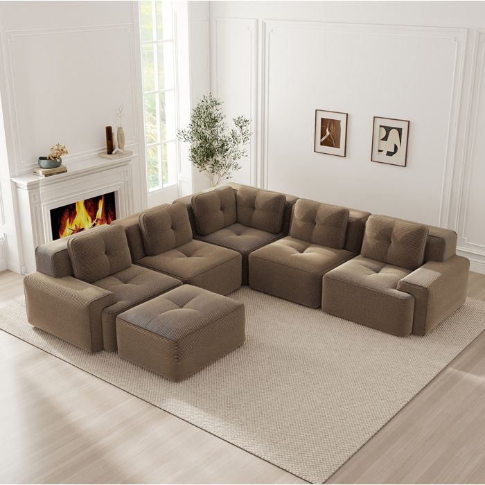 WUVRIE Canapé dangle modulable 5 places avec ottomane velours côtelé marron sans montage 295 x 295 cm
