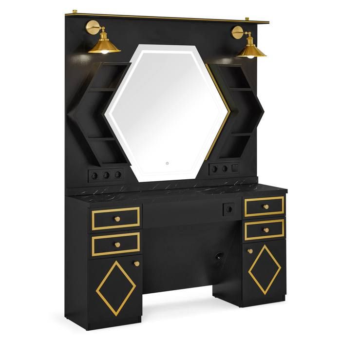 BarberPub Poste de coiffure avec 4 tiroirs coiffeuse avec miroir poste de service avec 4 étagères et 2 armoires J3158