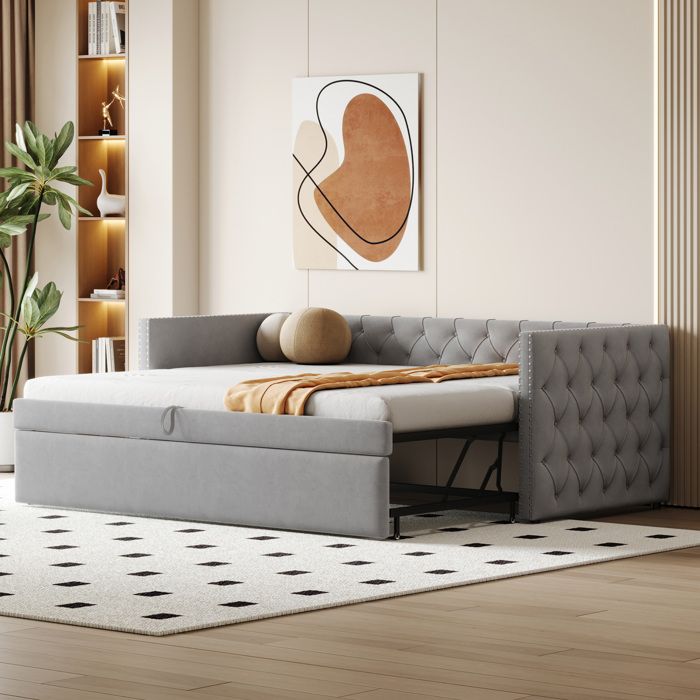 Canapé-lit gigogne 90 x 200 cm AESVAR velours gris clair sommier à lattes inclus matelas non inclus