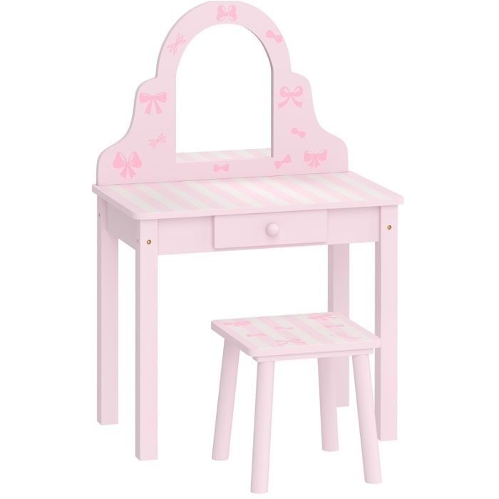 Bureau enfant 2 en 1 coiffeuse fille 55 x 34 x 82 cm avec miroir amovible tiroir et tabouret rose Grjofek
