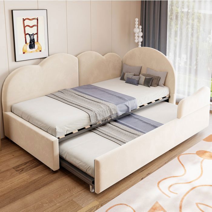 MEULVA Lit gigogne 90 x 200 cm avec tête de lit aspect nuage en velours beige