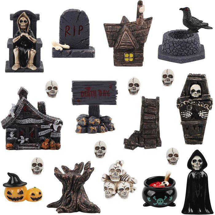 21 Pièces Halloween Miniatures Figurines Figures en résine Halloween Ornaments fantôme Squelette Citrouille Miniatures pour Fête
