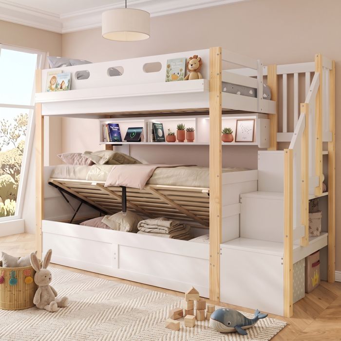 Lit superposé en bois pour enfants 90×200cm avec lit inférieur à levage hydraulique bande lumineuse LED escalier avec rangements