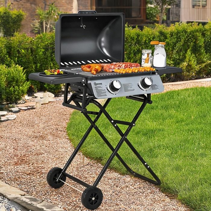 Barbecue au gaz portable 2 brûleurs 56 kW design valise thermomètre surface 1800 - Noir Acier 101 x 50 x 102 cm Ref 745AS6