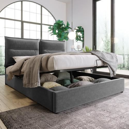 lit adulte à deux place rembourré-cadre de lit moderne avec espace de rangement-tête de lit réglable-140x200cm-gris(sans matelas)