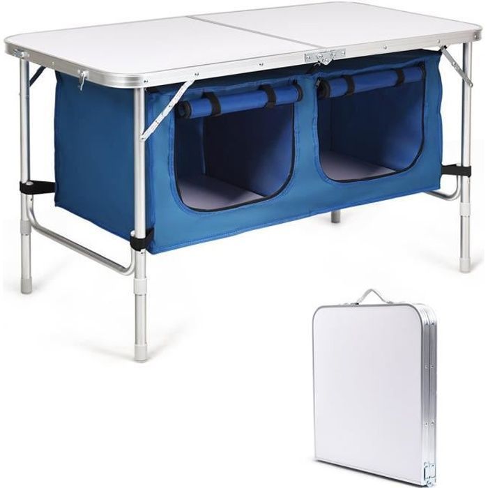 COSTWAY  Table de Camping Portable avec 2 Compartiments de Rangement Bleu R&eacute;glable en Hauteur Table Jardin Compacte pour Pique-Nique 