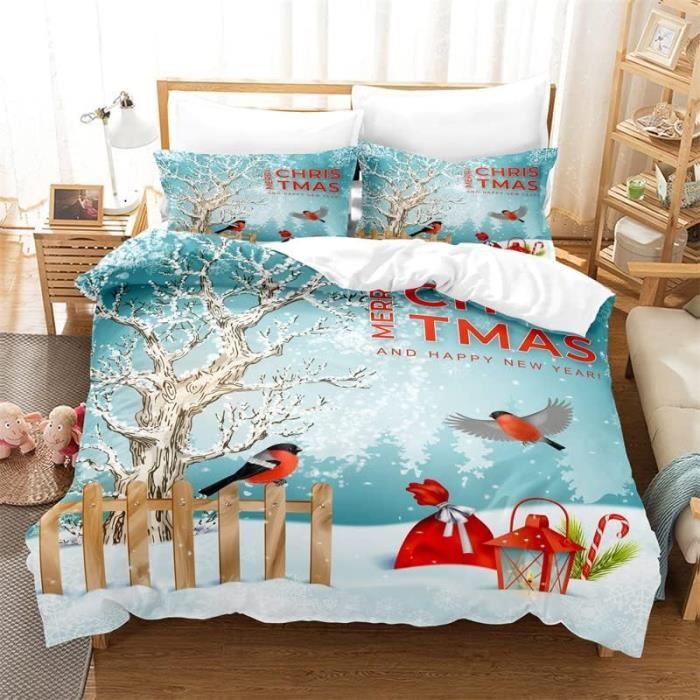 Parure De Lit 1 Personne Noël - Housse Couette 160x200 Cm, Motif Père Noël, Microfibre Rouge