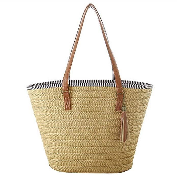 Simple Sac Paille Femmes Sac à Bandoulière Sacs Portés épaule Fourre-tout Glands Cabas Osier Plage Vacances Zipper