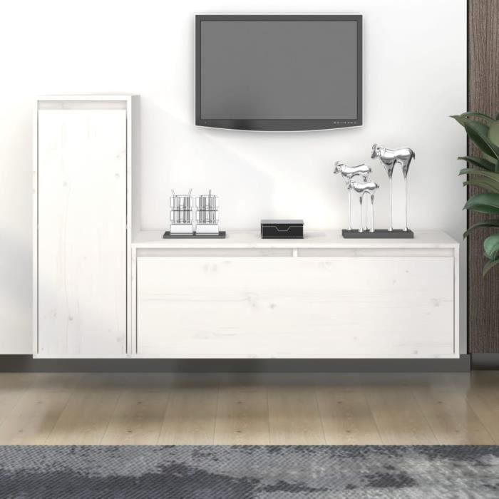Meuble TV suspendues - MAG - Contemporain - Blanc Bois massif de pin - 100x30x35cm Meuble TV suspendues - MAG - Contemporain - Blanc Bois massif de pin - 100x30x35cm