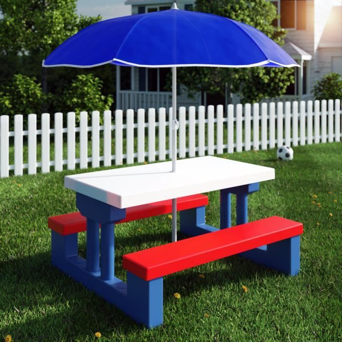 ensemble de jardin - deuba - table et bancs pour enfant - facile à entretenir - parasol inclus