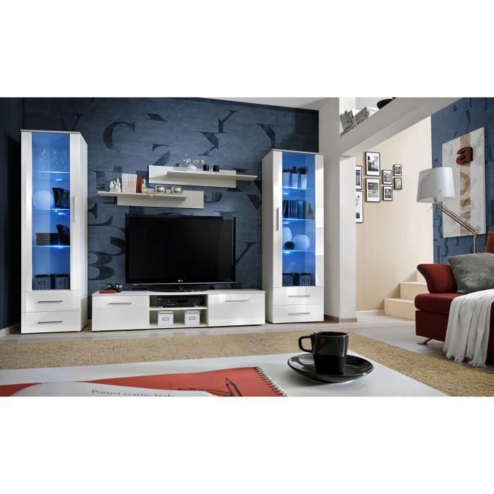 meuble tv - price factory - galino c - blanc brillant - banc tv avec portes abattantes et vitrine avec led