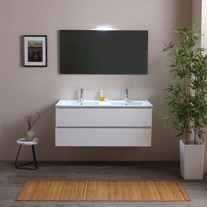 MEUBLE SALLE DE BAIN 120 CMBLANC EFFET BOIS AVEC DOUBLE VASQUE BERLIN