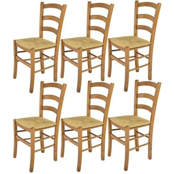 Tommychairs - Set 6 chaises cuisine VENICE robuste structure en bois de hêtre peindré en couleur chêne et assise en paille