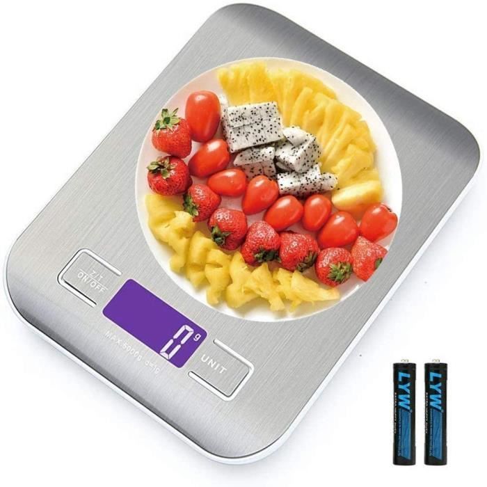 haute précision jusquà 1 g fonction tare 5 kg/11 lbs avec 2 batteries Balance de cuisine Smart Digital avec écran LCD pour cuisine en acier inoxydable balance alimentaire multifonctionnelle 