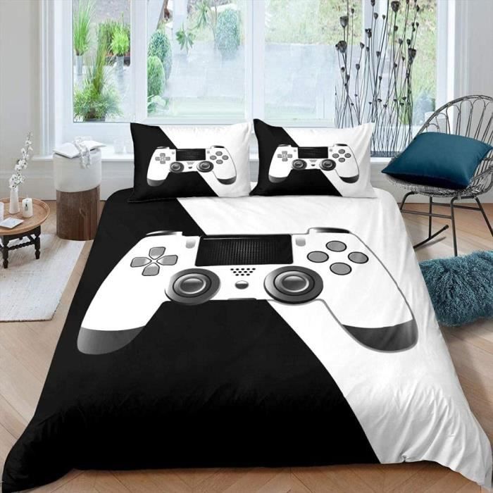 Housse De Couette Gamer Gaming Garcon Noir Gamepad Tableau Fermeture