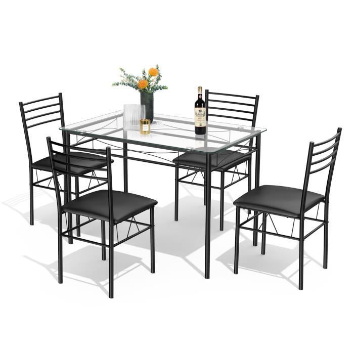 COSTWAY Ensemble Table et 4 Chaises pour Salle à Manger, Sièges Rembourrées, Cadre en Métal Noir