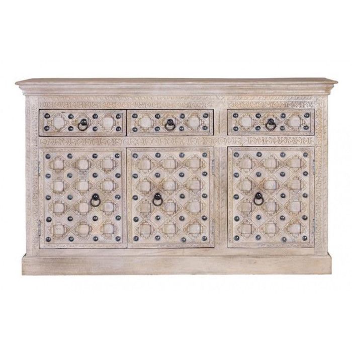 Buffet en bois de manguier - Giner y Colomer - 3 portes et tiroirs - Finition naturelle - Détails en fer vieilli