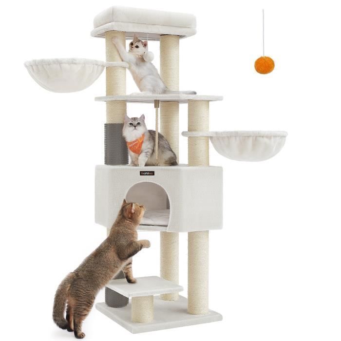 Arbre à Chat Grand et Stable avec Tapis Chaud, Auto-toiletteurs, Poteaux à Griffer, 50 x 50 x 160 cm, Blanc Crème et Beige
