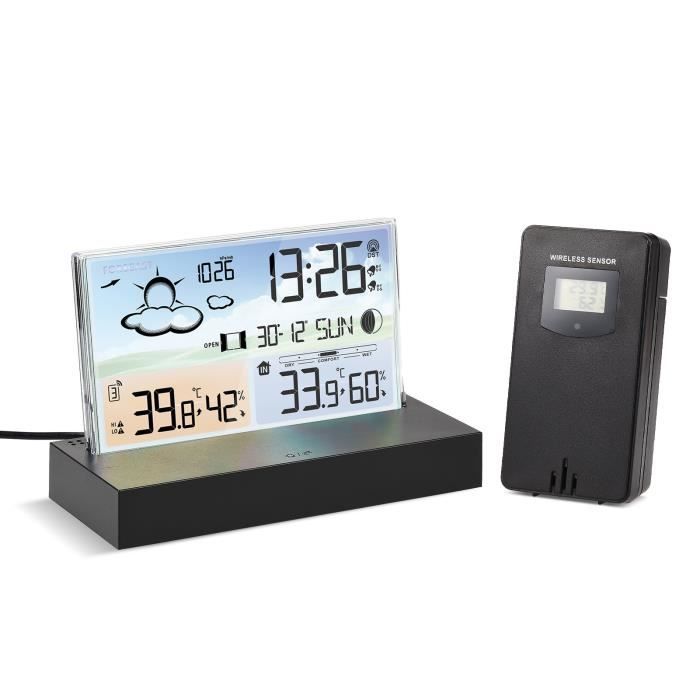 Radio-réveil, affichage numérique couleur, thermomètre intérieur et extérieur, hygromètre, avec prévisions météo et baromètre