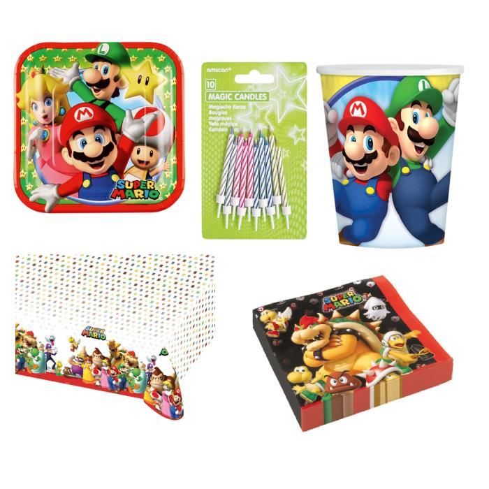 Kit Mario 8 Enfants (cde 5) Complet Anniversaire (8 Assiettes, 8 gobelets,  16 Serviettes, 1 Nappe + 10 Bougies offertes) Motif Mario - Cdiscount Maison