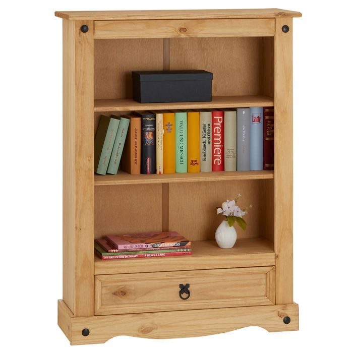 Bibliothèque SALSA étagère en bois style mexicain avec 2 tablettes et 1 tiroir en pin massif finition teintée/cirée