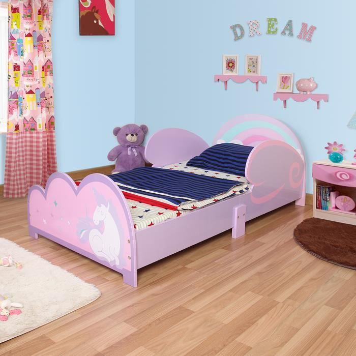 Langria Lit Enfant En Bois Fille Arc En Ciel Rose Violet 70 140 Cm Avec Barriere Anti Chutes Cdiscount Maison