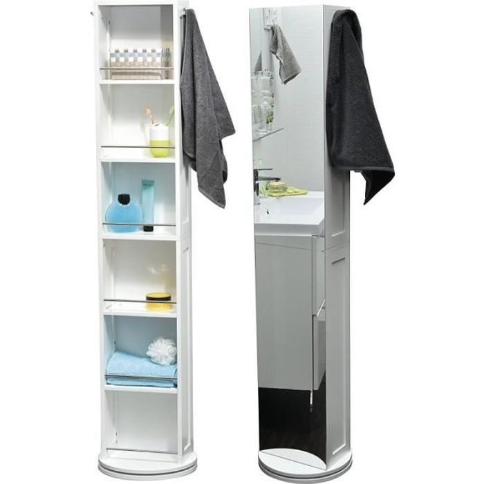 Armoire Colonne Pivotante de Salle de Bain 6 Niches + 2 Miroirs + 2