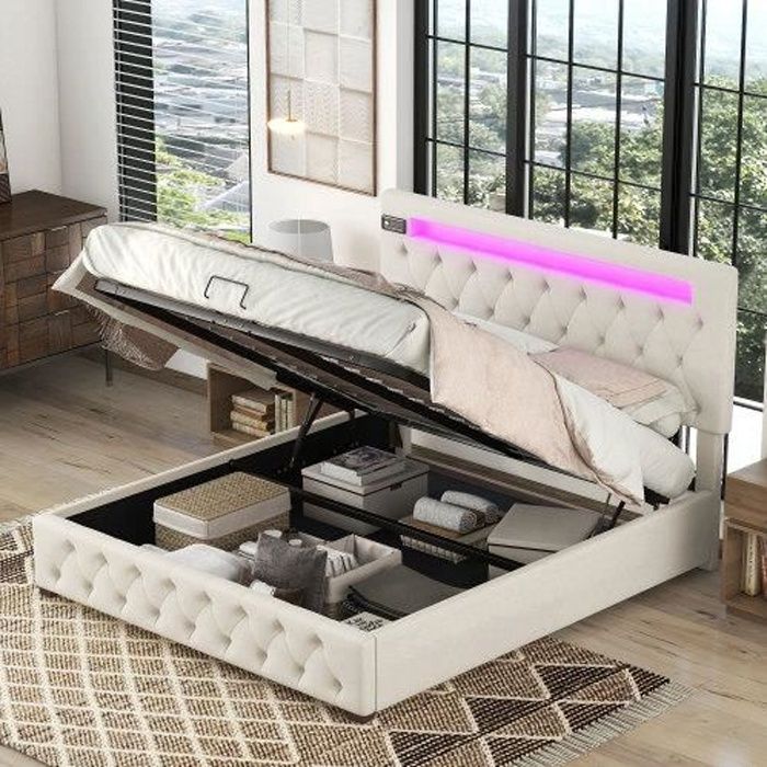 Canapé-lit D'angle Avec LEDs RGB Et Ports USB - Velours Beige, 90x200 Cm, Moderne