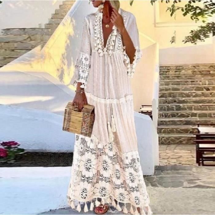 Robe Femme Ete Bohème à Bretelles Spaghetti pour Femme Robe Boheme Chic et  Elegant Robe de Plage Col V Robe décontractée pour Femmes Casual ÉTé Robe :  : Mode