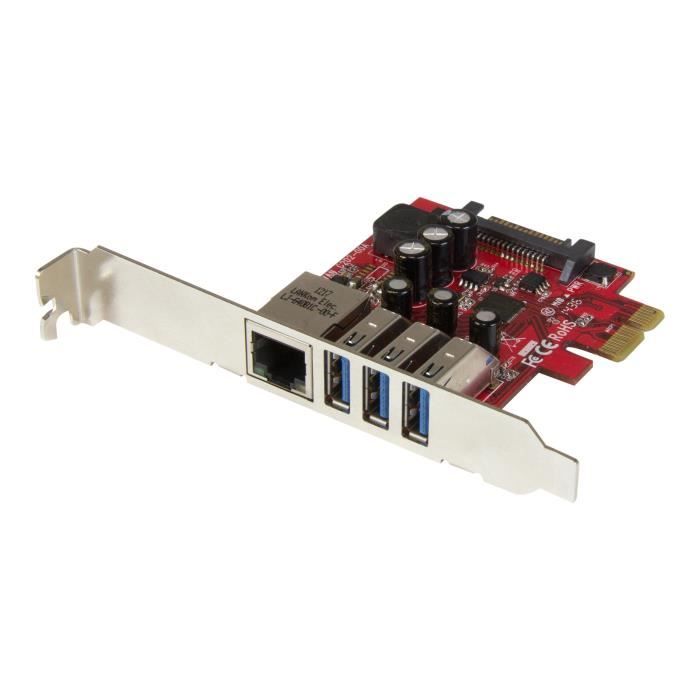 STARTECH Carte PCI Express à 3 ports USB 3.0 et 1 port Gigabit Ethernet avec UASP - Adaptateur PCIe 3x USB 1x GbE