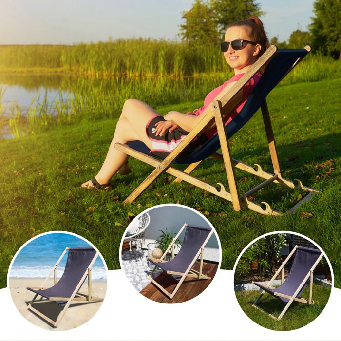 Chaise Longue Jardin Green Blue En Bois Hêtre - Transat Noir Réglable