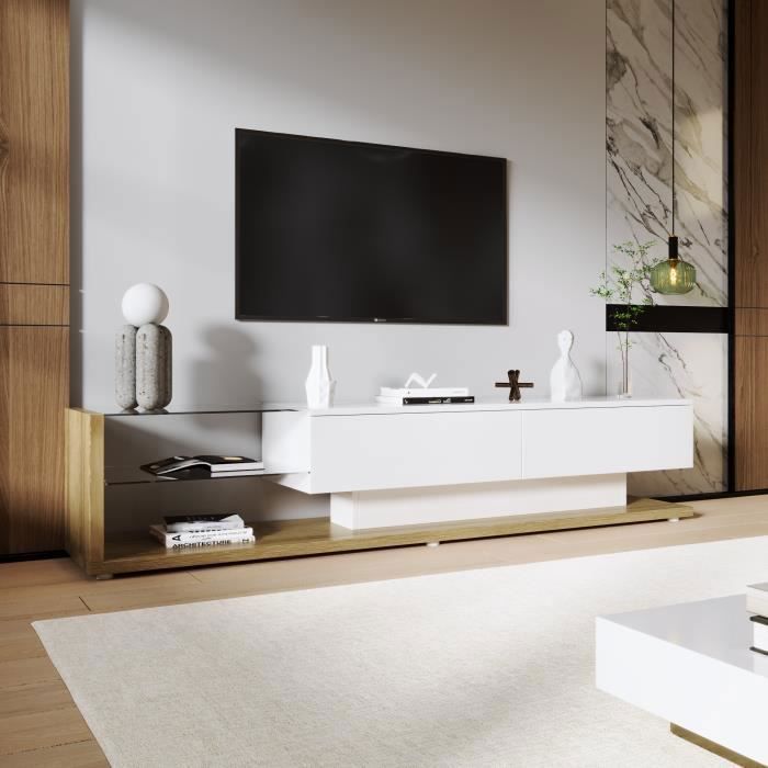 Dripex Meuble TV avec éclairage LED e Multiprise, 3 Prises CA, 2 Ports USB pour Télévision Jusqu'à 65 Pouces, Support Télé, Longueur 140 cm, Marron Rustique