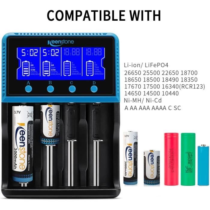 Chargeur Accu 18650, Keenstone Chargeur Piles Rechargeable Universel avec  Grand Ecran LCD pour Li-ION IMR 18650 10440 14500 16340 26650 26500 Ni-MH