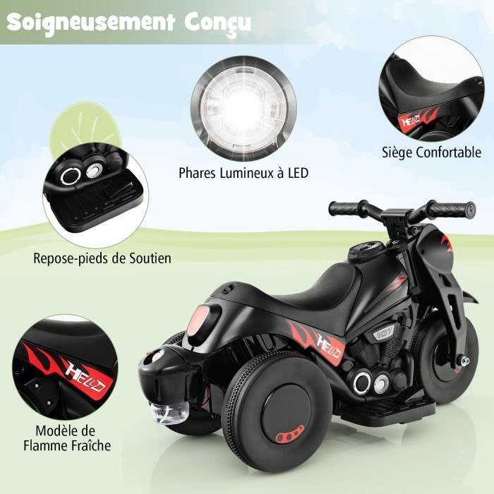 Moto Électrique Enfant COSTWAY 6V - 3 Roues, Phare Réglable, Avant/Arrière, 30kg Max, 3 Ans+